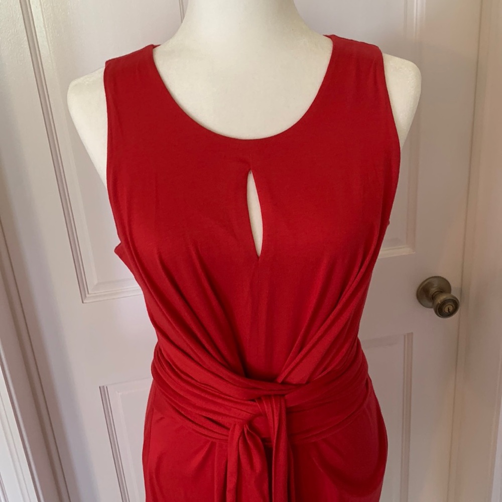 Banana Republic Red Sleeveless Midi Dress with Front Keyhole and Waist Tie